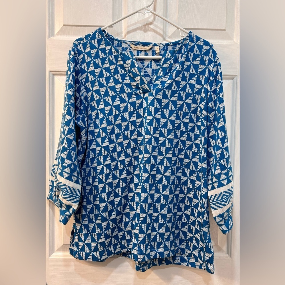 Soft Surroundings Blue Geo Narah Woven Tunic Top‎ Size M V-Neck Coastal Cottage